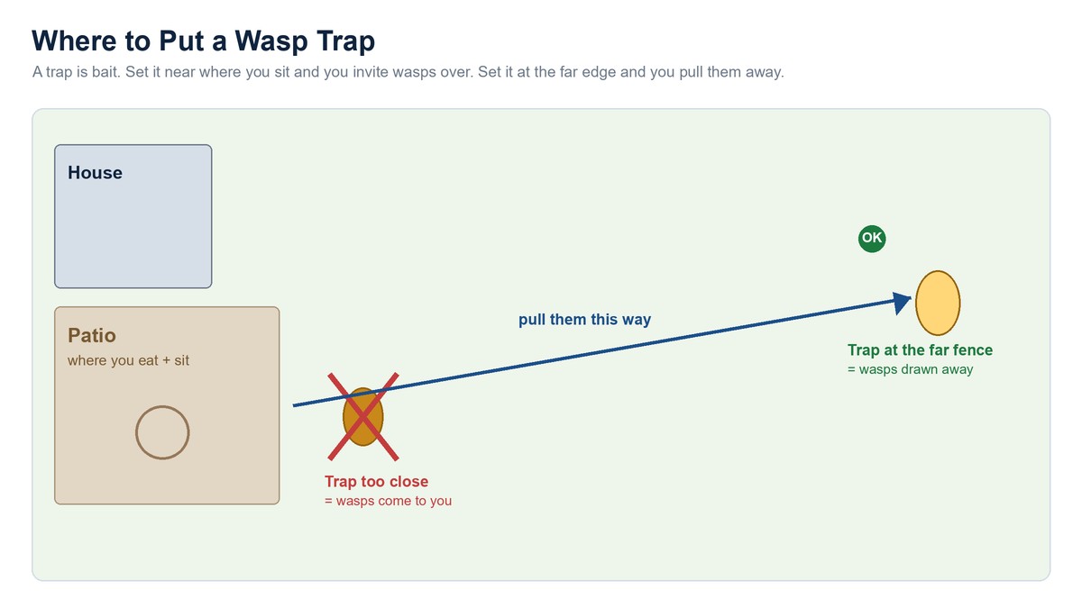 Diagram of a yard showing a wasp trap placed wrong next to the patio versus placed right at the far fence to draw wasps away